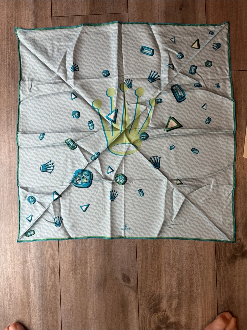 Rolex Silk Scarf in light blue, Green & Teal with Crown Motif - 100% silk